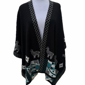 Alpaca Ruana Reversible Poncho Wrap Shawl Llamas Art Peruvian One Size Wool